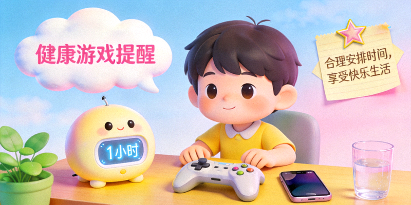 关于健康游戏提醒与时间管理的温馨插图