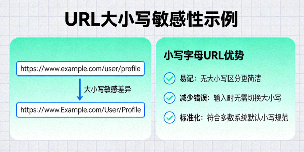 URL大小写敏感性示例，展示小写字母URL的优势