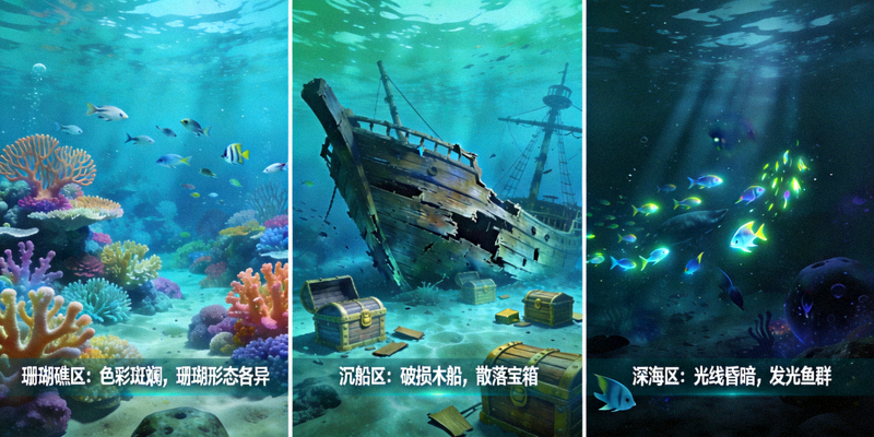 大满贯李逵劈鱼2场景切换示意图，展示不同海底场景的特点