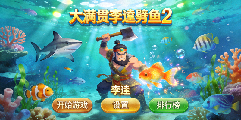 大满贯李逵劈鱼2游戏主界面，展示绚丽的海底世界和各种鱼类